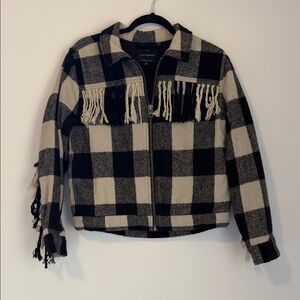 Lucky Brand Black and Cream Plaid Fringe Zip Jacket